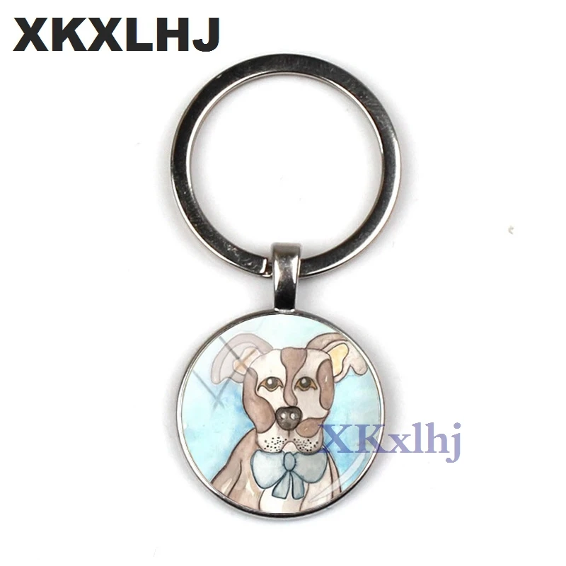 XKXLHJ 2018 Fashion Pit Bulldog Key Ring Pitbull Key Chain Glass Dome Key Chain Round Handmade Lady Keychain