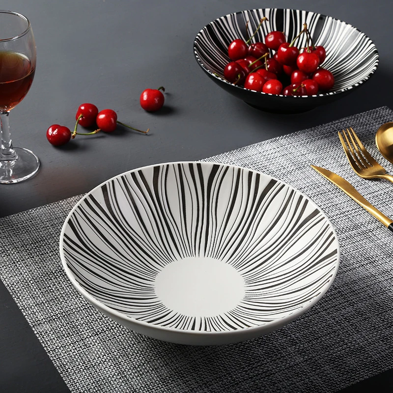 Round Food Bowl with Big Capacity, Japanese Restaurant, Lamian Noodles Bowl, Dinner Tableware, Simple, Black and White