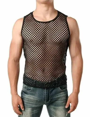 Camiseta de malla transparente para hombre, ropa interior transparente