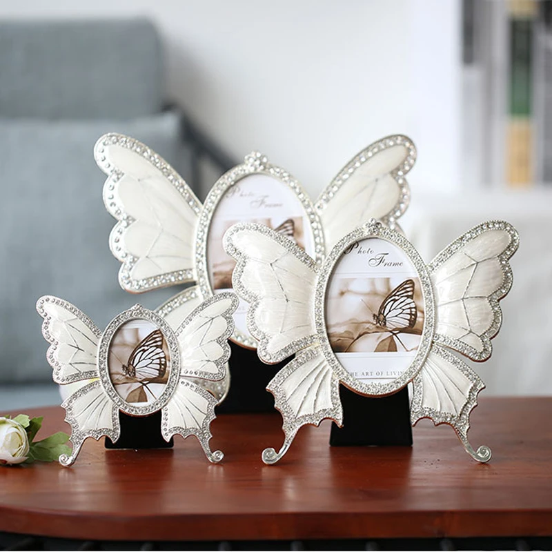 Shiny Silver White Butterfly Metal Alloy Picture Photo Frame With Clear Rhinestones Jeweled Home Tabletop Blue Amber Zinc Pieces