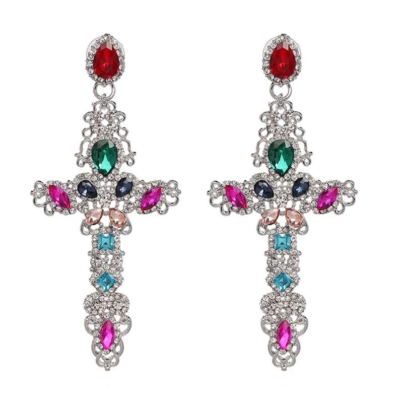 Baroque Golden Cross Female Earrings Large Long Earrings Jewelry Rhinestone Pendant Earrings Bijoux 2019