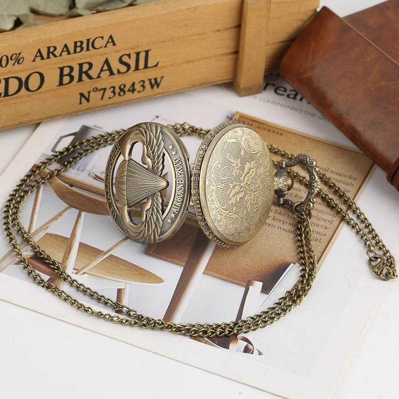 American U.S. Paratrooper Retro Hollow Dial Quartz Pocket Watch Necklace Pendant Chain Floral rattan Pocket Watch Gifts for Men