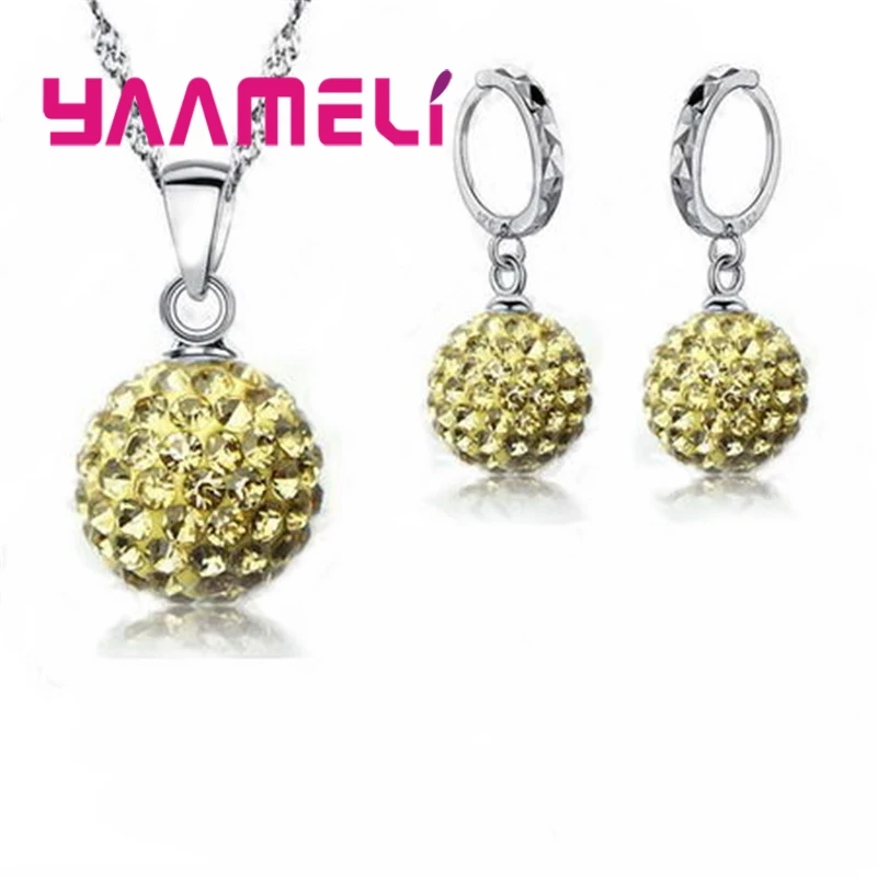 10 Colors Factory Price 925 Sterling Silver Jewlery Sets Micro Paved Crystals Round Ball Necklace Earrings For Women