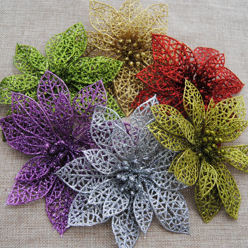 15cm Plastic Simulation Christmas Glitter Hollow Flower Wedding Artificial flowers Valentine's Day Decoration