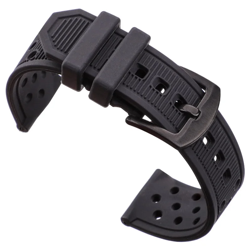 22mm Watchbands Bracelet Black Waterproof Soft Silicone Rubber Men Watch Band Strap Watch Accessories Silver Black Buckle