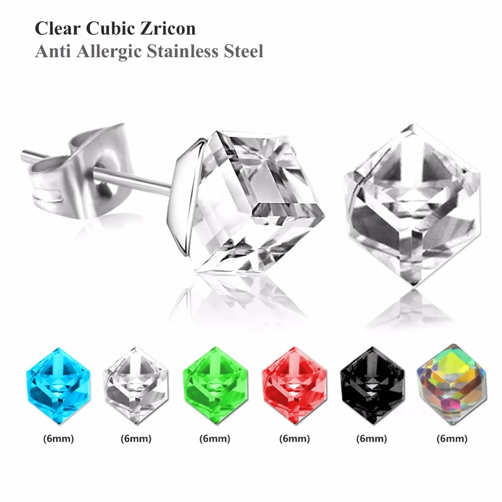 LUXUSTEEL Korean Fashion Colorful Square Cube CZ Earrings Set Stainless Steel Push Back Silver Color Stud Earring 6Pairs 4mm/6mm