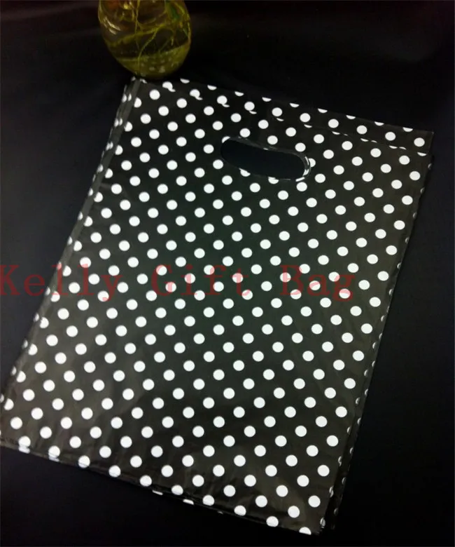 100pcs/lot 25x35cm Round Dots Black Big Plastic Jewelry Packaging Bag With Handle Favor Boutique Gift Packing Plastic Bags