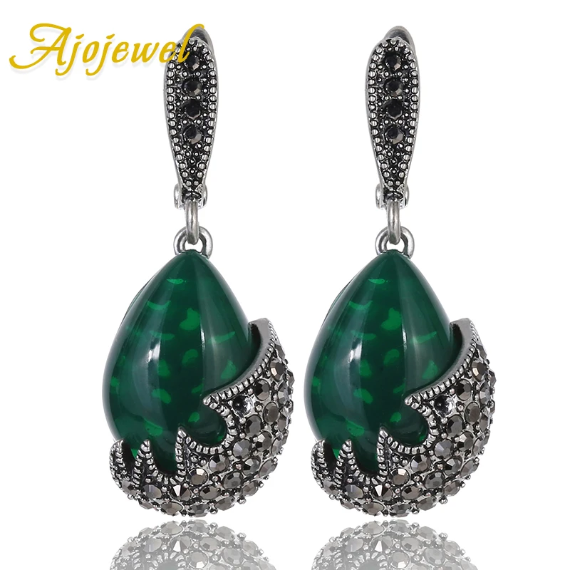 Ajojewel Vintage Water Drop Stone Earrings With Black Rhinestones Retro Ladies Jewelry 4 Colors