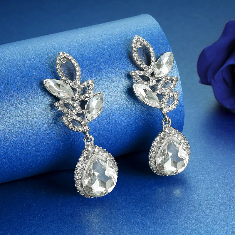 QYY Fashion Austrian Crystal Wedding Water Drop Earrings for Bride Bridesmaids Alloy Bridal Party Earrings
