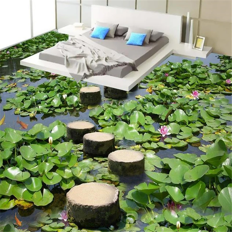 

beibehang papel de parede custom ground waterproof stereo 3D floor tiles stickers Green lotus leaves flooring wallpaper mural