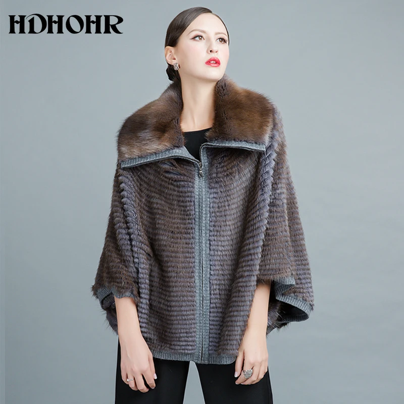 HDHOHR 2024 cappotto di pelliccia di visone lavorato a maglia donna maniche a pipistrello con risvolto moda invernale di alta qualità cappotti di pelliccia di visone reale giacca di pelliccia di grandi dimensioni