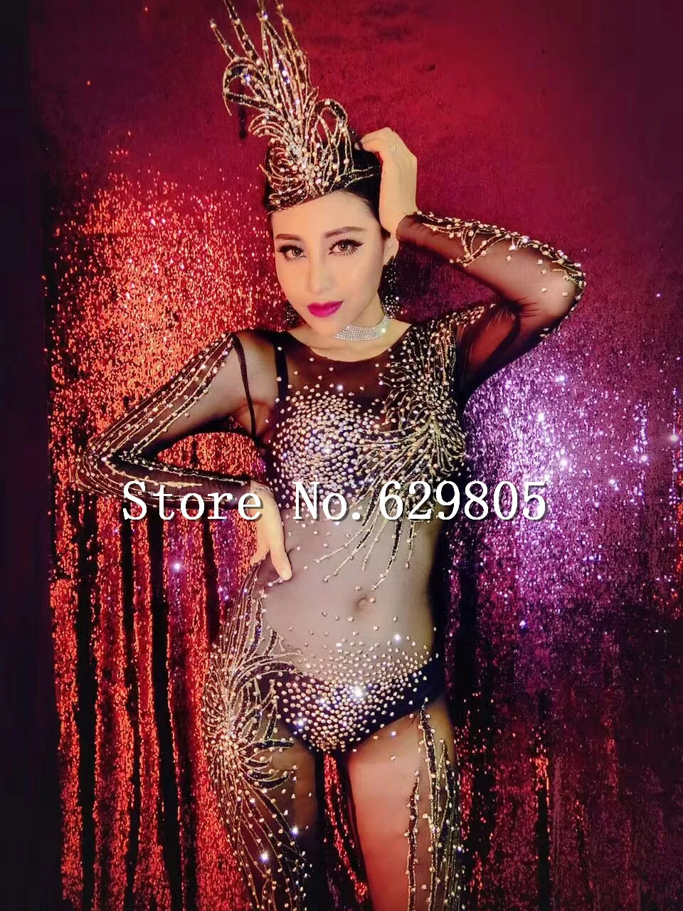 Sexy Women Jumpsuit Black Rhinestones Rompers Outfit Shining Sexy One Piece Party Costume With Headdress Rompers  Wear