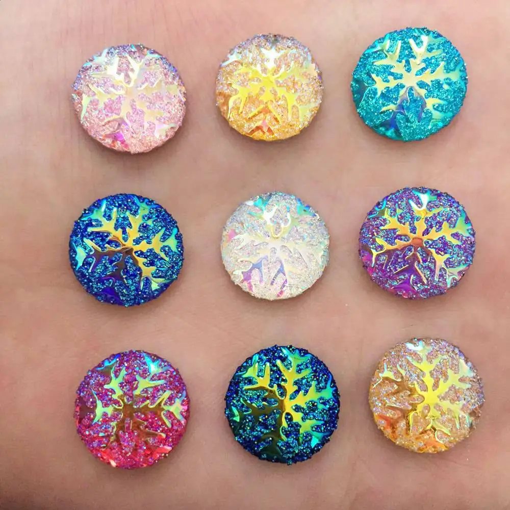 Hot 50pcs 14mm AB Round Resin Snowflake Flatback Rhinestone Wedding Buttons K15