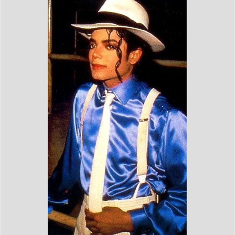 Retro MJ Michael Jackson Smooth Criminal Bule Shine Shirt & Tie Thread Gluing Performance Halloween Show Clothing No Button