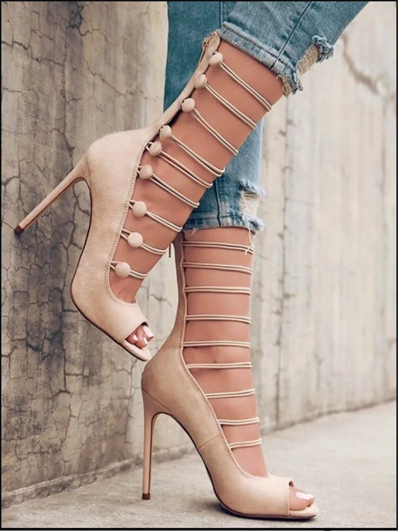 Women Fashion Open Toe Straps Design Suede Leather Short Gladiator Boots Cut-out Zipper-up High Heel Sandal Boots Dress Shoes