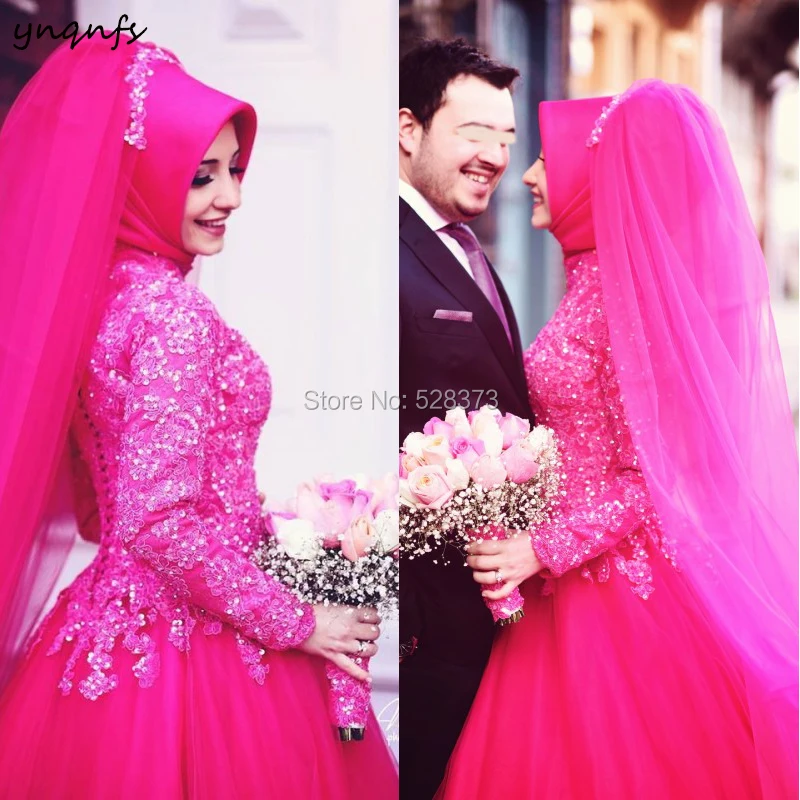 YNQNFS MW23 Islam/Muslim Wedding Gowns Hijab DressTurkey Abiye Robe de Mariee Long Sleeve Fuchsia Bridesmaid Dresses 2019