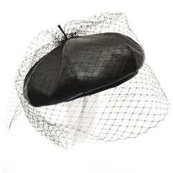 Fascinating Black Hat Chic Leather French Beret With Veil Mesh Show Double Layer Women Beret Beanies Cap