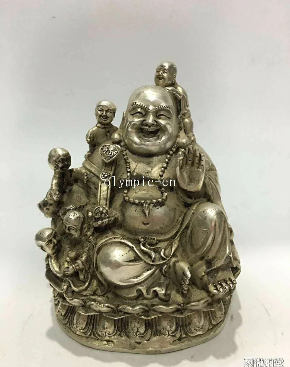 6'' copper silver carvings folk home fengshui five boys with lucky buddha statue