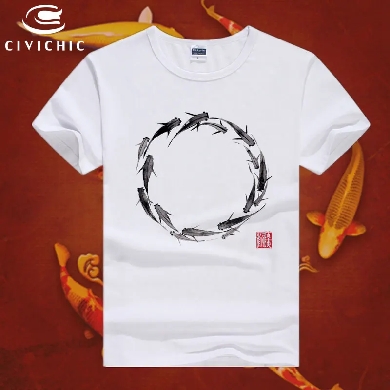 CIVI CHIC Chinese Style Vintage Men Plus Size T Shirt Woman Oriental Ethnic Tops Tee Carp Fish Print T-shirt Groot Camisa WST120