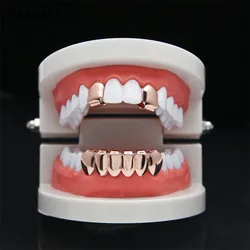 TOPGRILLZ New Fit Hip Hop Rose Gold Color Plated Mouth Grillz Set 2 pcs Single Top & 6 teeth Bottom Set Black Gun Grills