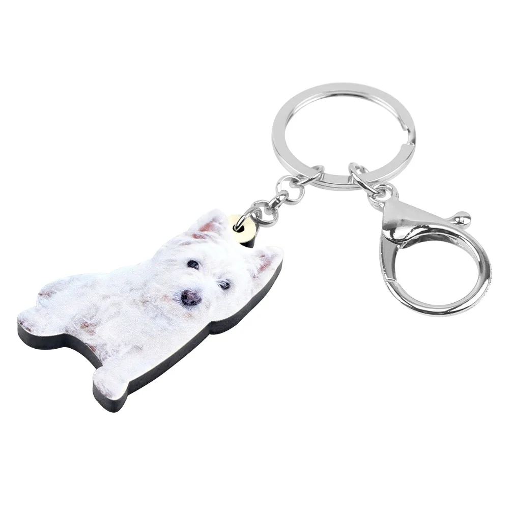 Bonsny Acrylic Cute West Highland White Terrier Key Chains Keychain Rings Fashion Animal Jewelry For Women Girl Teens Decoration