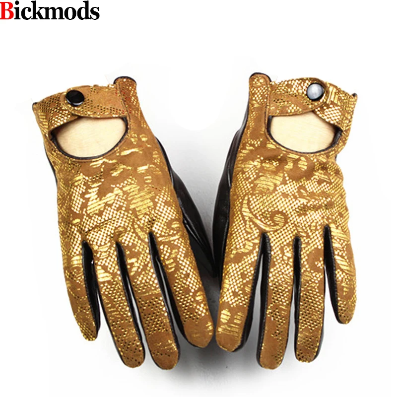 Leather gloves ladies autumn thin high-quality sheepskin hollow printing full finger gloves for motorcycle riding and driving