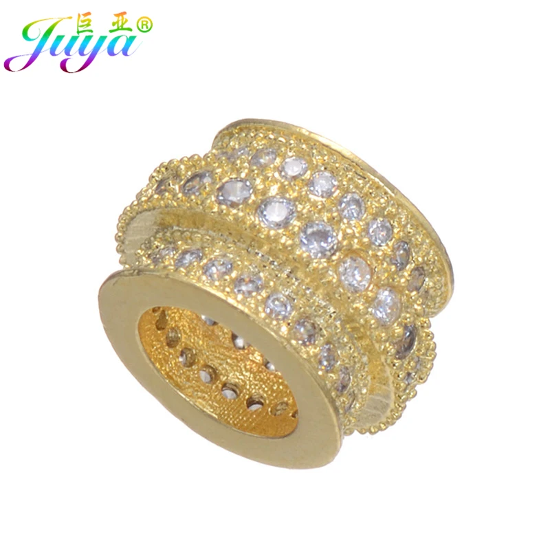Juya DIY Big Hole Charm Beads Supplies Handmade Cubic Zirconia 10mm Metal Spacer Beads For Needlework Beads Jewelry Handmade