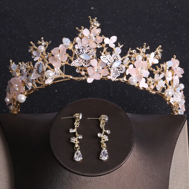 Baroque Gold Color Butterfly Crystal Costume Jewelry Sets Rhinestone Choker Necklace Earrings Tiaras Crown Wedding Jewelry Set