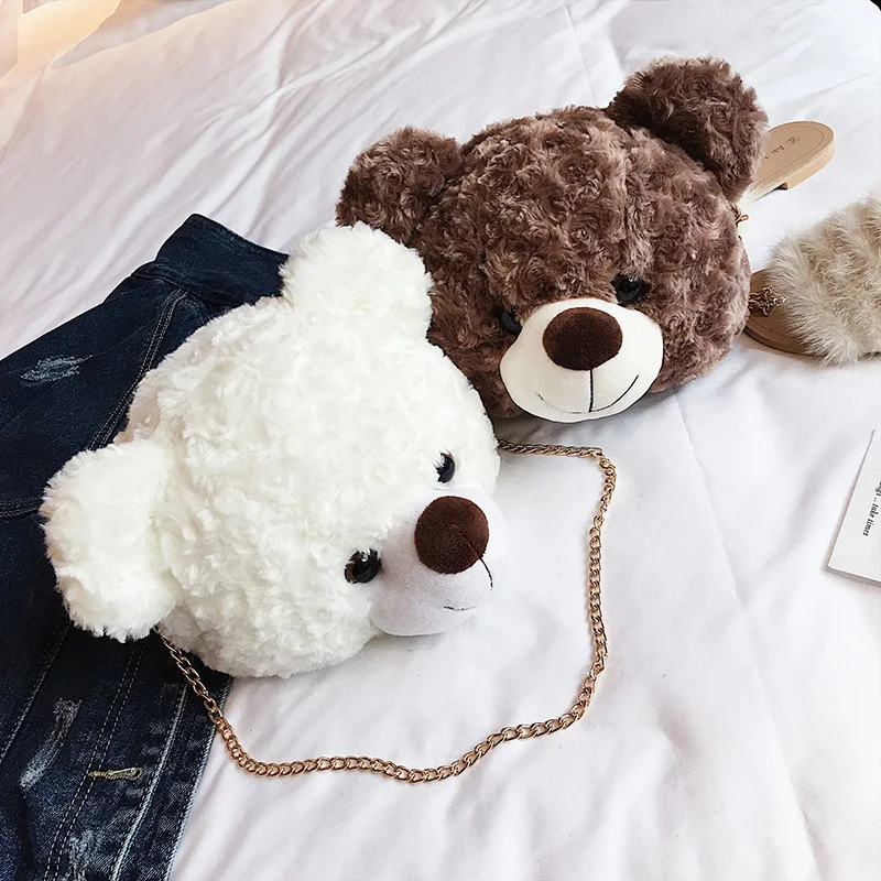 Teddy Bear Head Women Shoulder Bag Lovely Cartoon Winter Design Faux Fur Female Messenger Handbag For Kids Cute Toy Bag