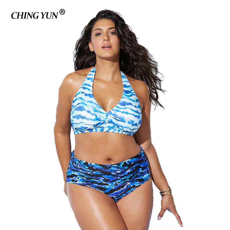 New Swimsuit Woman Swimwear Sexy Beach Beachwear Blue Stripes Halter Camouflage Bikinis Big Size High Waist Girls Loose Bathing