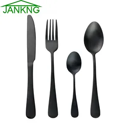 JANKNG 4-Pcs Stainless Steel Luxury Matte Black Cutlery Set Western Gold Tableware Set Fork Knife TeaSpoon Dinner Dinnerware Se