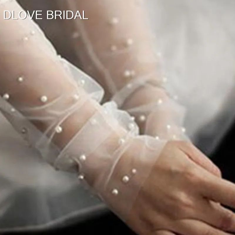 Vintage Pearl Sheer Tulle Gloves Wedding Bridal Party Gloves Fingerless Elbow Photo Shooting Accessory 30cm