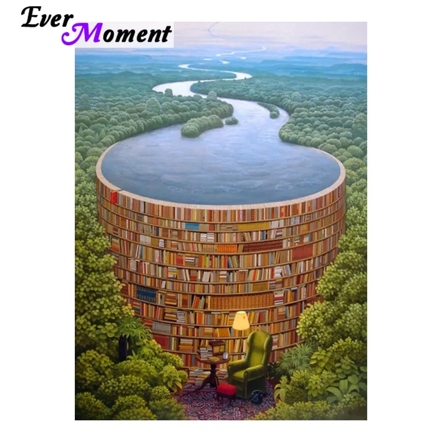 Ever Moment DIY Diamond Painting Cross Stitch Bookshelf Corner Forest River Relax Reading Time Diamond Mosaic ASF987