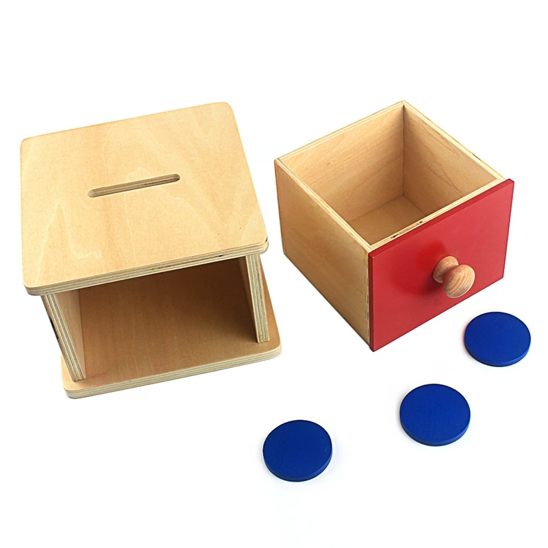 Montessori Wood Toy Coin Box Red Wooden Box Blue Coin Piggy Bank Coin Game Large Size Hand & Feet Finders Game Solid Wood Gift