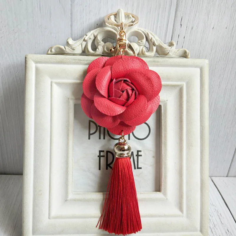 Fooderwerk Jewelry 7 Colors Leather Rose Keychain DIY Handmade Jewelry Creative Lun Polyester Ice Silk Tassel Ear Bag Pendant