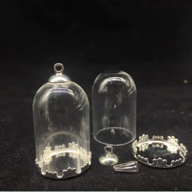 50sets/lot 30*20mm bell shape glass globes jar with silver color crown base cap set glass vials pendant glass bottle accessories