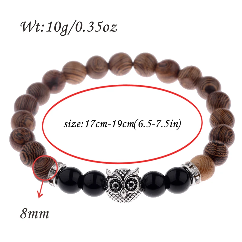 Wood Beads Bracelets Gold&Silver Color Owl &Black Beads Bracelet Women Retro Prayer Jewelry Yoga Dropshipping