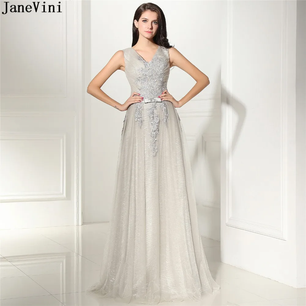 JaneVini-vestidos de dama de honor largos con cuello en V, ropa de fiesta con Apliques de encaje, lentejuelas, cremallera trasera, tul, longitud hasta el suelo