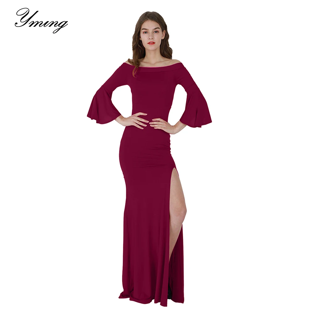 

YMING Sexy Women Maxi Dress Vestidos Robe Femme Dresses Bodycon Ruffle Sleeve Off Shoulder Long Dress Split Elegent Dresses