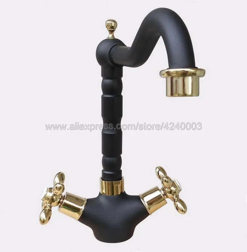 Grifos de lavabo de latón dorado y bronce frotado, manijas dobles, mezclador giratorio de lavabo de baño, Knf808 grifo de agua caliente y fría, color negro