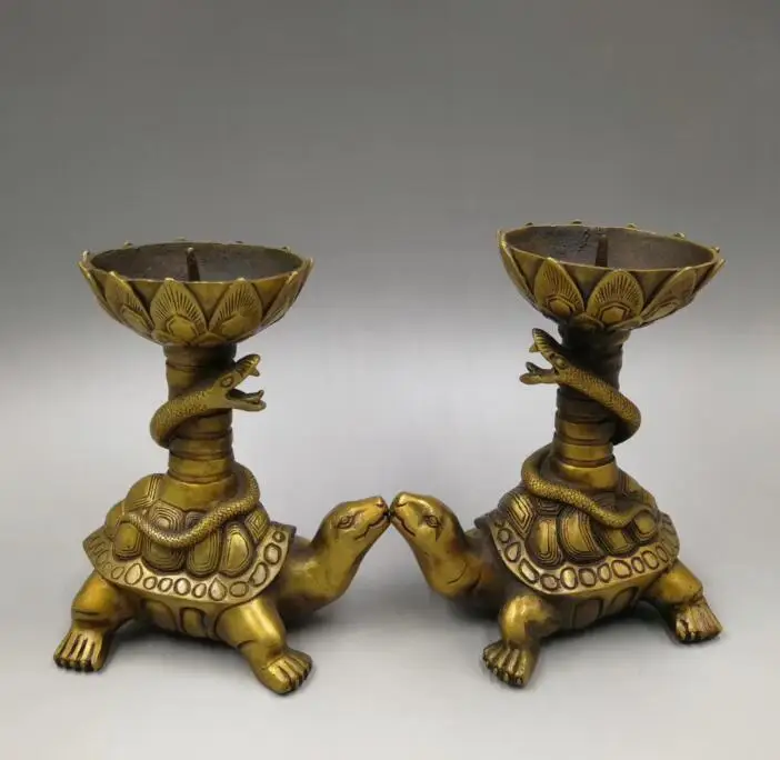 

China collection archaize brass Tortoise snake candlestick crafts statue A pair