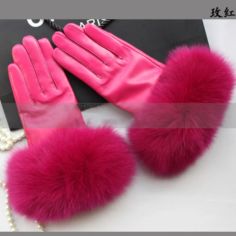 Luxury Leather Gloves With Real Fox Fur Womens Fashion 2022 Winter Red Hand Warm Black Glove Women Driving Matural Fur Gloves