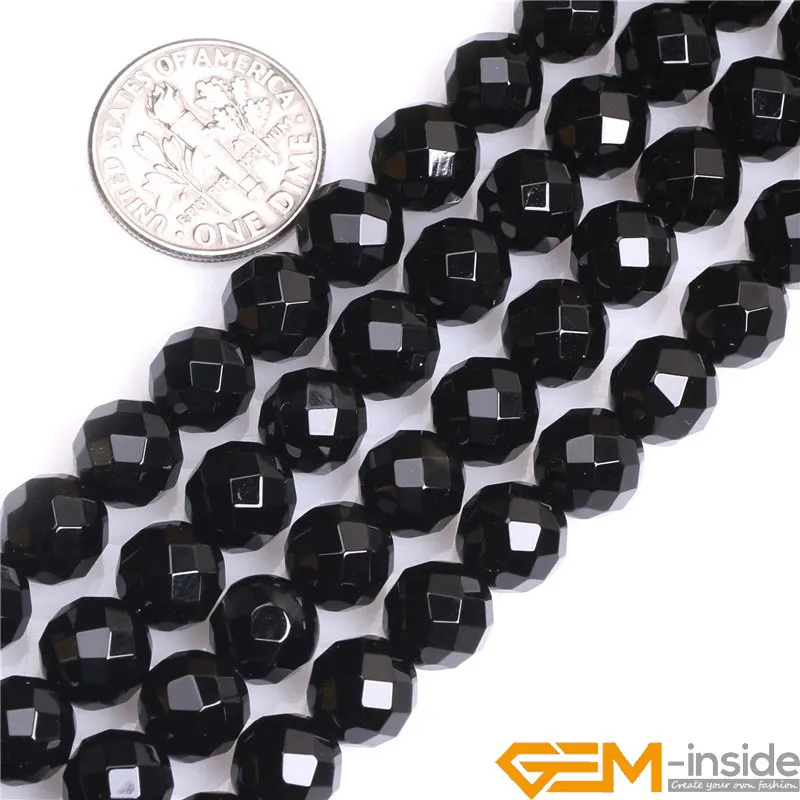 Round Faceted(32 Faces) AA Grade Black Agates Natural Stone DIY Beads For Jewelry Making Strand 15Inches