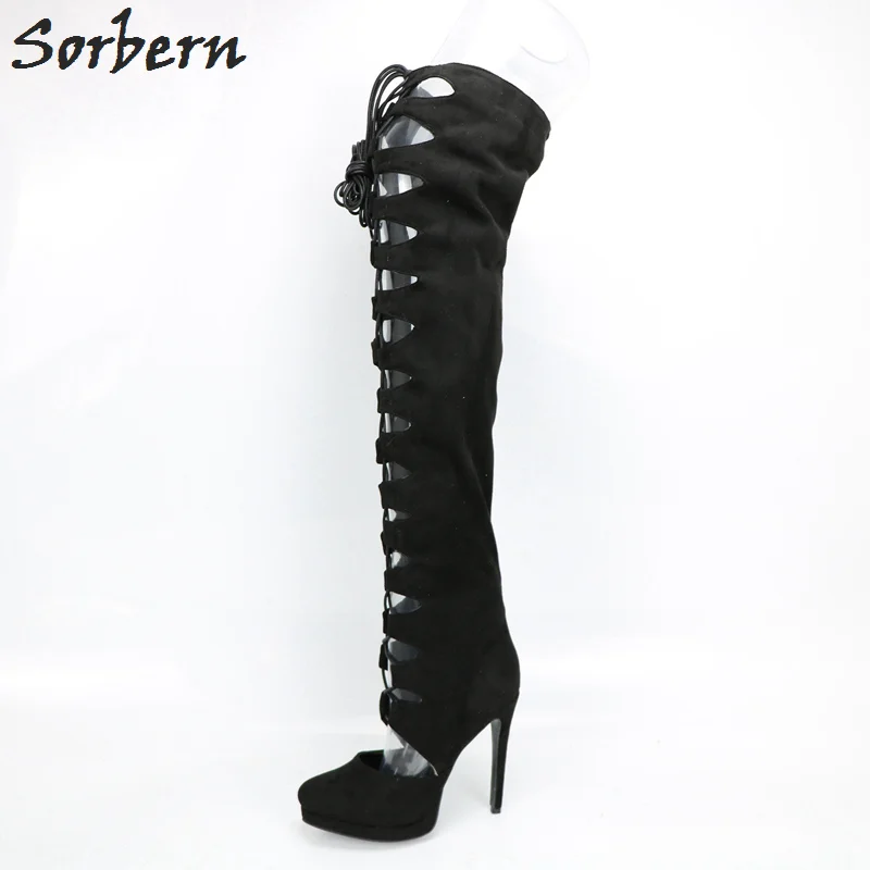 

Soerben Black Over The Knee Boots Custom Calf Size Ladies High Heel Boots Round Toe Hollow Out Lace Up Shoes Platform Boots