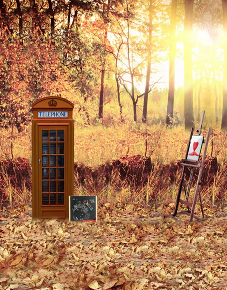 5x7ft Fall Yellow Tree Telephone Booth Photography Backdrops Photo Props Studio Background