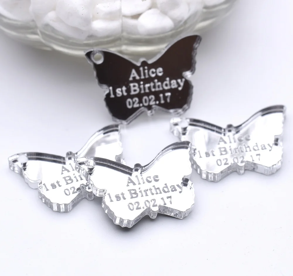 50xpersonalized etiquetas de presente do bebê espelho gravado acrílico borboleta etiquetas de nome acrílico tag de luxo para o chá de bebê de chocolate favores