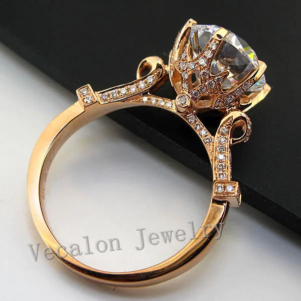 Vecalon luxury Rose Gold Crown wedding ring for women Round cut 3ct AAAAA Zircon Cz 925 Sterling Silver Female Band ring