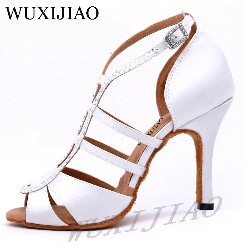 WUXIJIAO New white Satin Latin Dance Shoes Women Salsa Rhinestone Shoes Dance For Woman Ballroom Dancing Shoes heel 5cm-10cm