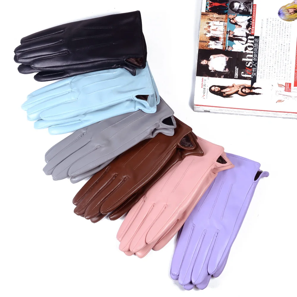 Women\'s Ladies 100% Real Leather Sheep skin Elegant Winter Warm Thick Lining White Pink Colorful Cute Outdoor Short Gloves