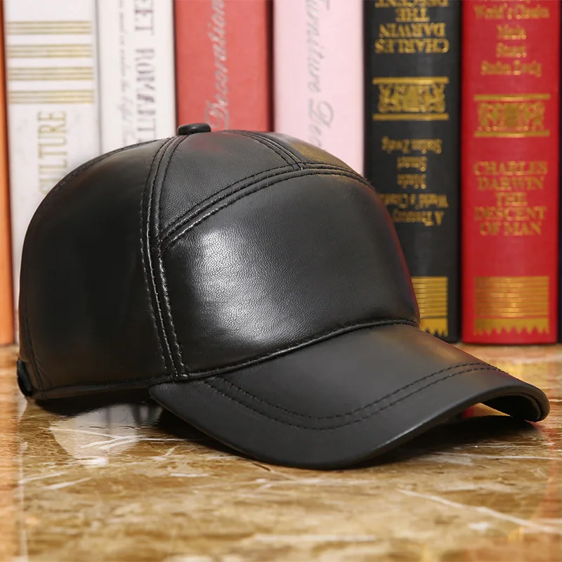 Adult 100% Genuine Leather Hat Men\'s Women\'s Autumn and Winter Sheepskin Baseball Cap Outdoor Leisure Earprotection Hat B-8651